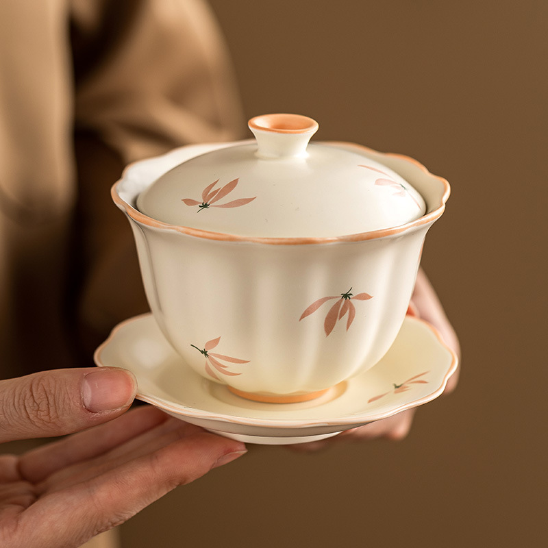 Bát tam tài hoa lan tráng men màu vàng gạo bát đựng trà gia dụng dung tích lớn có nắp không nóng bộ trà pha trà Kung Fu