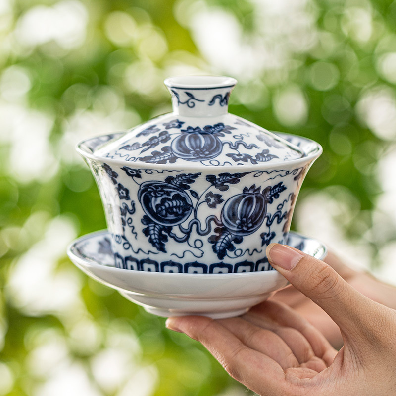 Bát có nắp gốm trắng xanh Bộ trà Kung Fu màu xanh lá cây bóng lớn đơn bát pha trà cổ điển cốc trà tôn trọng bát ba tài chống bỏng