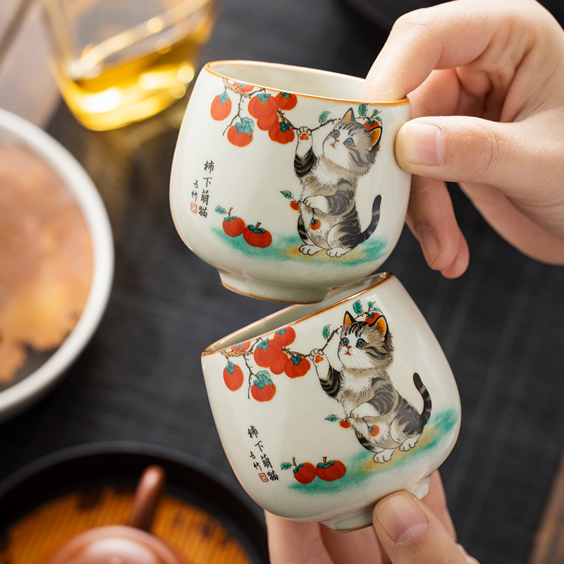 Ru Kiln Hồng Mèo Dễ Thương La Hán Cốc Trà Cá Nhân Master Cup Đơn Cốc Trà Bộ Trà Kung Fu