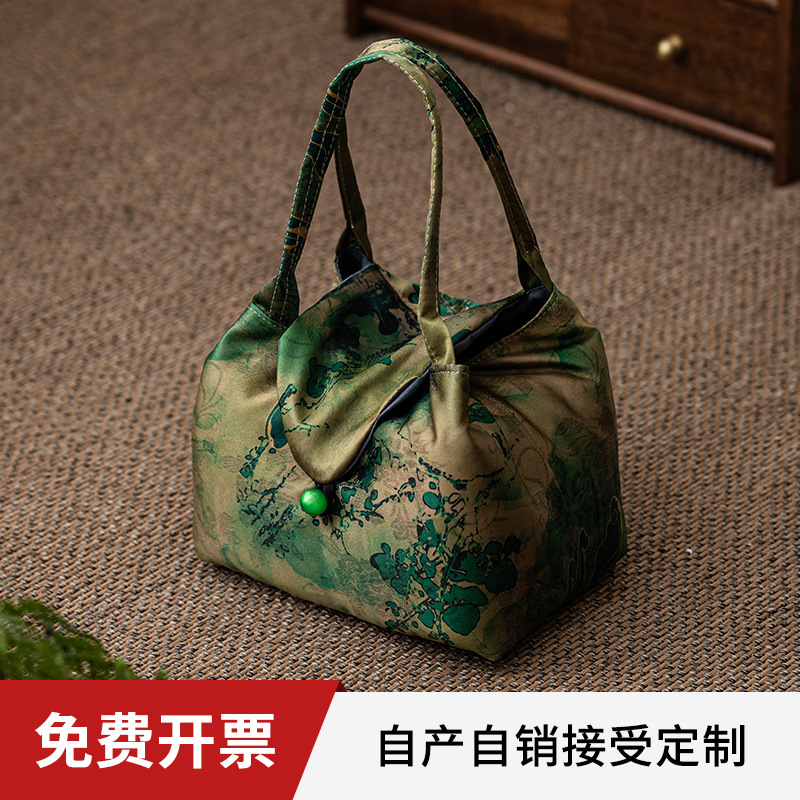 Túi lưu trữ Bộ trà Du Lịch Ngoài trời Kiểu Trung Quốc Mới Túi lưu trữ vải một bình Hai cốc Yunjin hộp lưu trữ ấm trà cầm tay