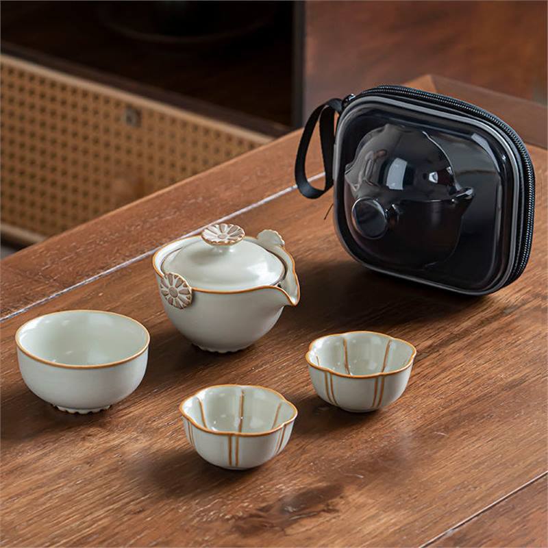 Bộ trà du lịch Ru Kiln túi xách tay bộ nhỏ ấm trà pha trà ngoài trời cốc trà gốm sứ nhanh tay quà tặng
