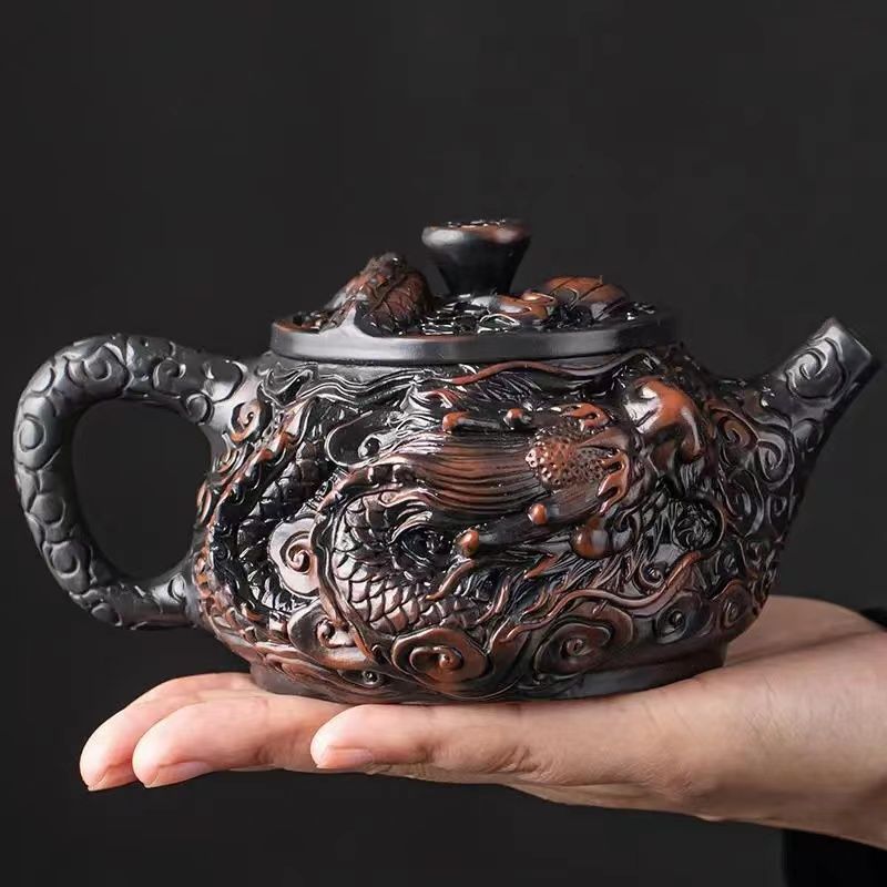 Ấm trà thủ công ấm trà đất sét tím nguyên chất đầy chạm khắc rồng tốt lành dụng cụ pha trà Kung Fu dung tích lớn ấm trà cao cấp chạm khắc ba chiều