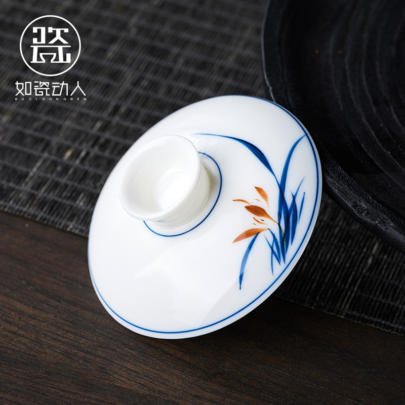Như sứ di chuyển, nắp bát có nắp ba tài năng, bộ trà sứ ngọc bích vẽ tay cỡ lớn cao cấp, nắp bát pha trà