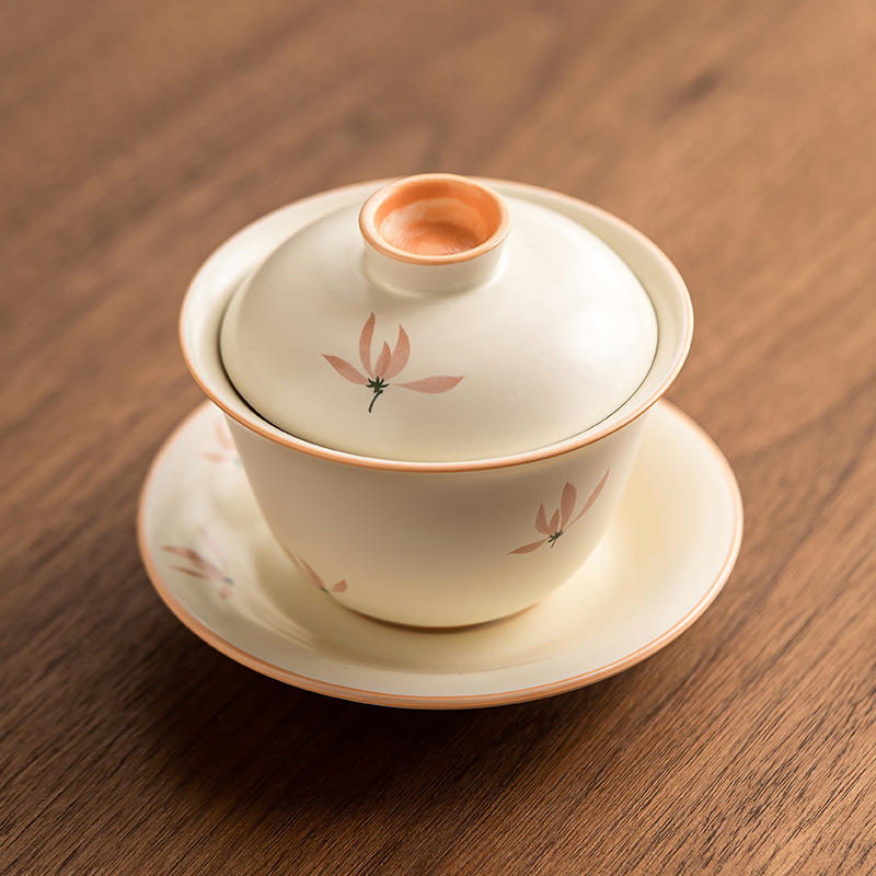 Bát có nắp tinh xảo hoa lan tráng men màu vàng gạo bát trà tam tài cao cấp bộ trà pha trà gia dụng gốm sứ kiểu Trung Quốc dung tích lớn