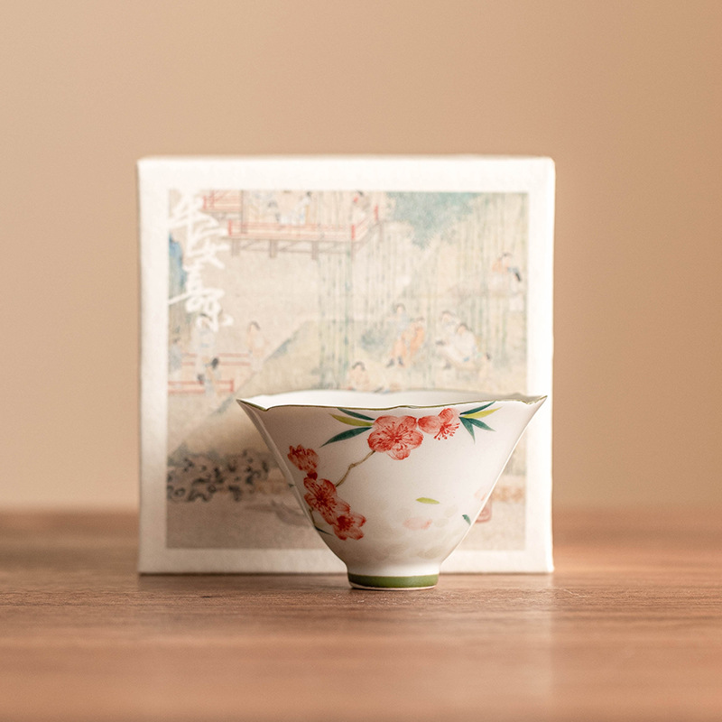 Cốc xô hoa đào vẽ tay cốc đơn cốc trà Kung Fu cao cấp cốc chủ nhân cốc gốm sứ bộ trà đơn hộp quà tách trà