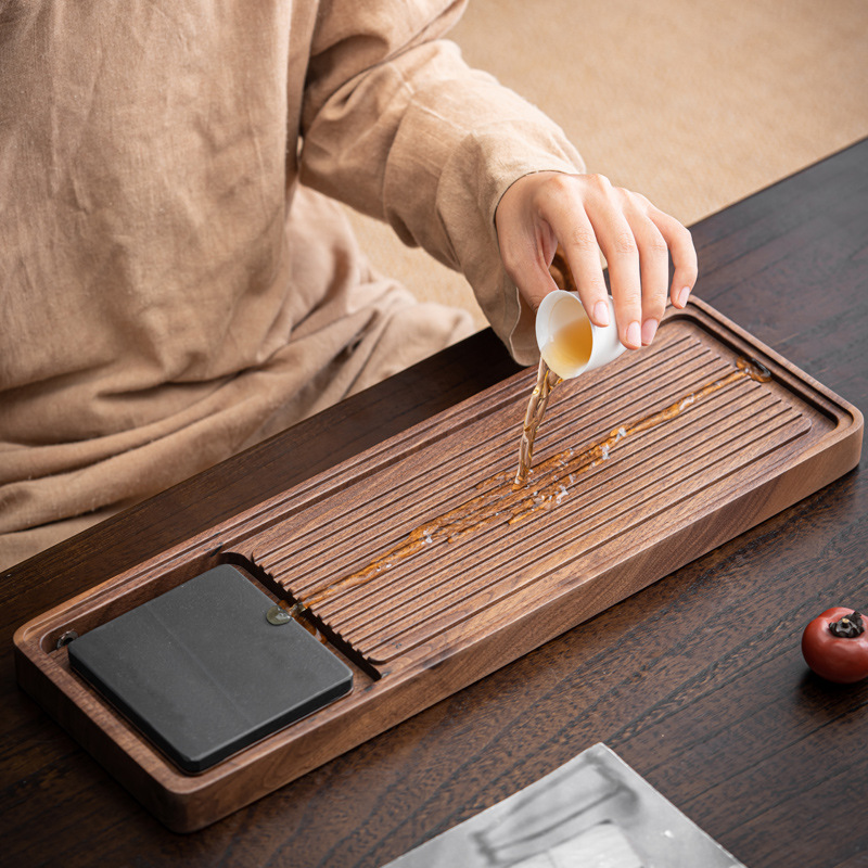 Khay pha trà gỗ mun Gỗ Óc Chó khay pha khô khay pha trà hình chữ nhật gỗ rắn văn phòng gia dụng kiểu Trung Quốc mới khay pha khô thoát nước