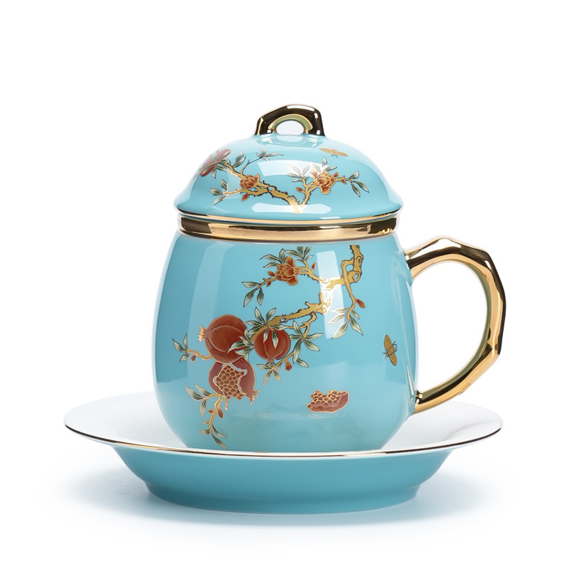 Cốc văn phòng Duobao, hộp quà, cốc trà gốm sứ, quà tặng, cốc bốn mảnh, cốc hội nghị xanh Hồ Tây cỡ lớn