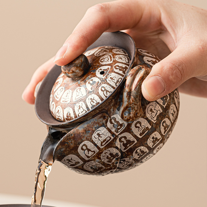 Ấm trà cầm tay Vạn Phật mạ bạc Ấm trà lọc chống bỏng Bộ trà Kung Fu cổ điển Trung Quốc Ấm Đơn gốm sứ cao cấp có nắp