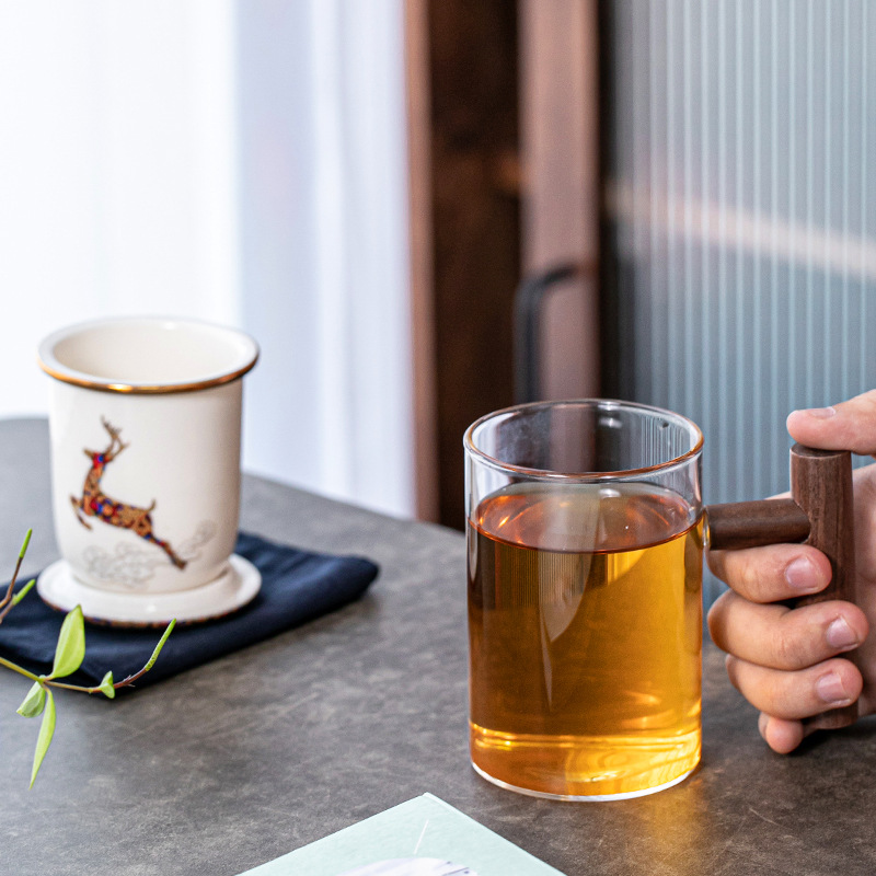 Cốc pha trà lọc bằng gốm tay cầm bằng gỗ Juting Cốc pha trà tách nước trà thủy tinh có nắp cốc trà hoa tùy chỉnh