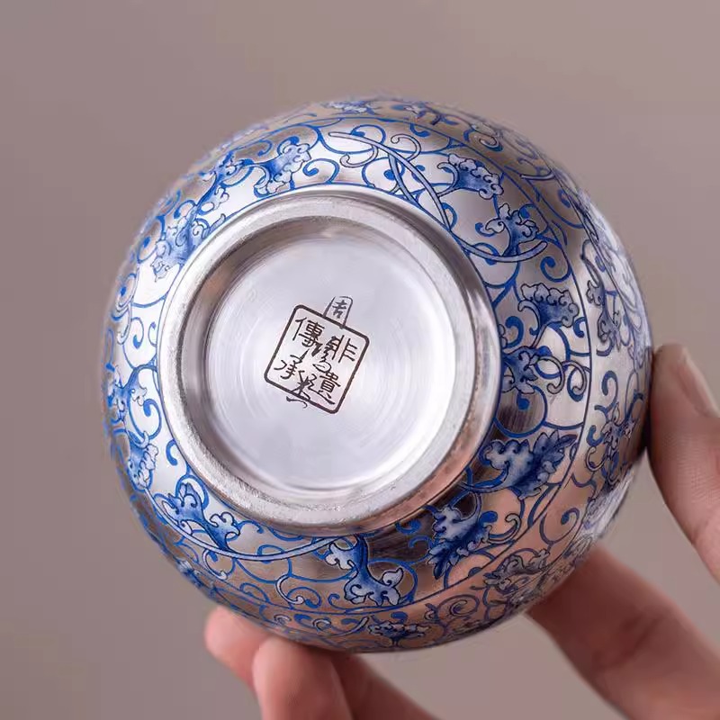 Zhou Hongjie, cốc chủ nhân màu xanh và trắng mạ bạc, tách trà cá nhân cao cấp Trung Quốc, tách trà, bộ trà, hộp quà