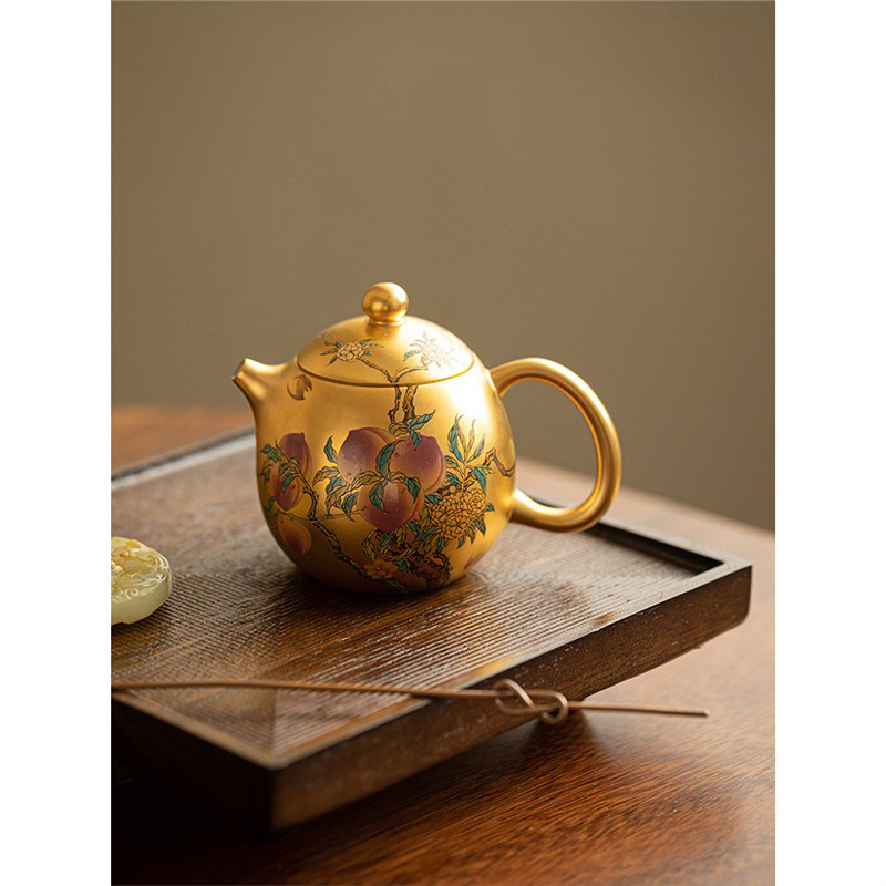 Ấm trà ngũ phúc chín đào mạ vàng Zhou Hongjie ấm trà trứng rồng dụng cụ pha trà Kung Fu gốm sứ Trung Quốc gia dụng ấm trà hộp quà
