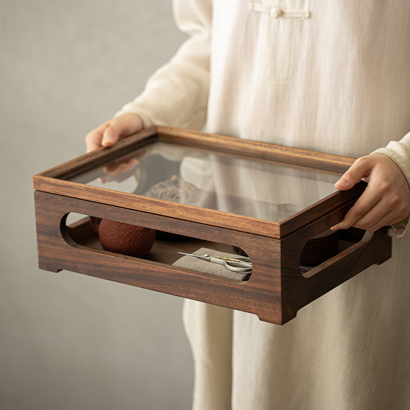 Hộp đựng đồ để bàn bằng gỗ óc chó, tủ kính trong suốt chống bụi, hộp mù một lớp, cốc trà kiểu Trung Quốc, hộp trưng bày đồ trang sức bằng gỗ