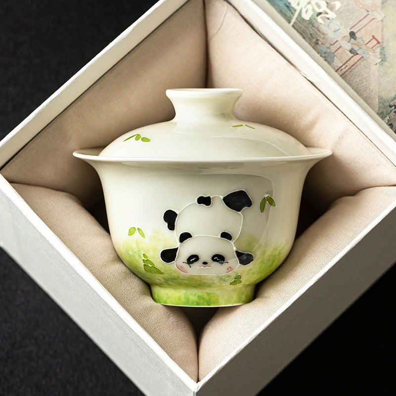 Bát có nắp thứ hai màu xám thực vật, đống vẽ tay, gấu trúc chạm khắc, bát có nắp, cốc pha trà, bát pha trà Kung Fu gia dụng có nắp