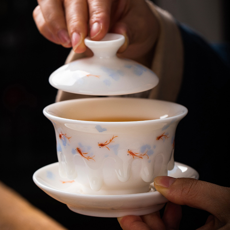 Bộ ấm chén trà sứ trắng Dehua cao cấp, họa tiết cừu mỡ ngọc bích Sancai, quà tặng của bậc thầy Xu Fukun.