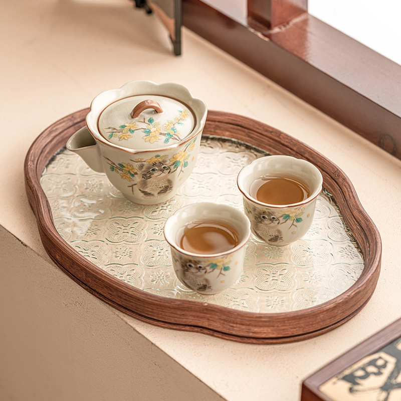 Bộ trà du lịch mèo dễ thương hoa vàng sứ Ru bộ trà gốm sứ di động tách trà pha trà ngoài trời một bình hai cốc bộ nhỏ