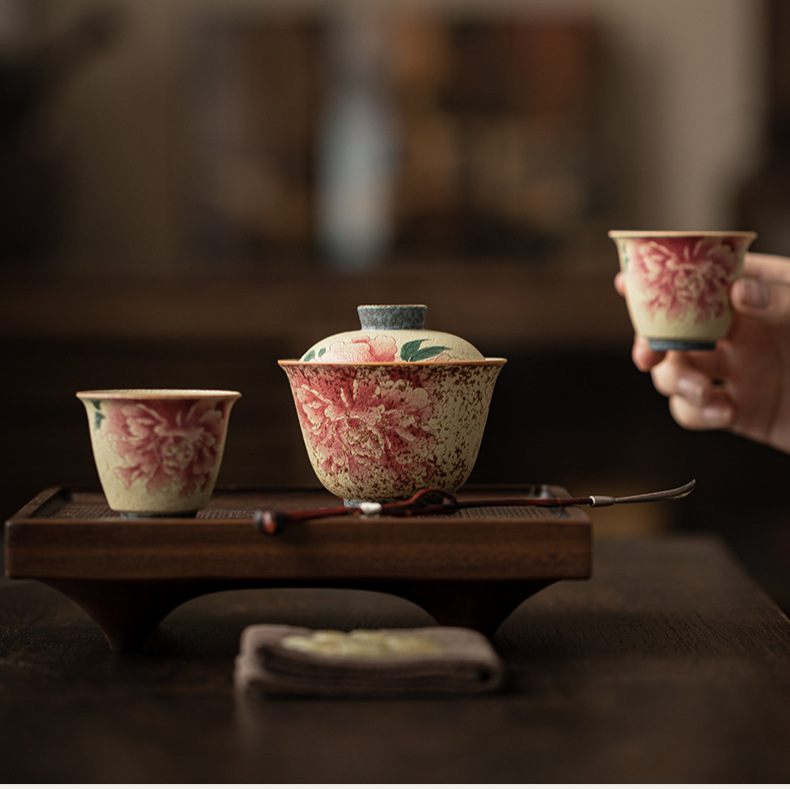 Bộ bát và hai tách màu đỏ lửa xanh trắng, bộ trà kung fu bằng gốm sứ nung trong lò kiểu Trung Quốc, thiết bị pha trà tại nhà đơn giản.