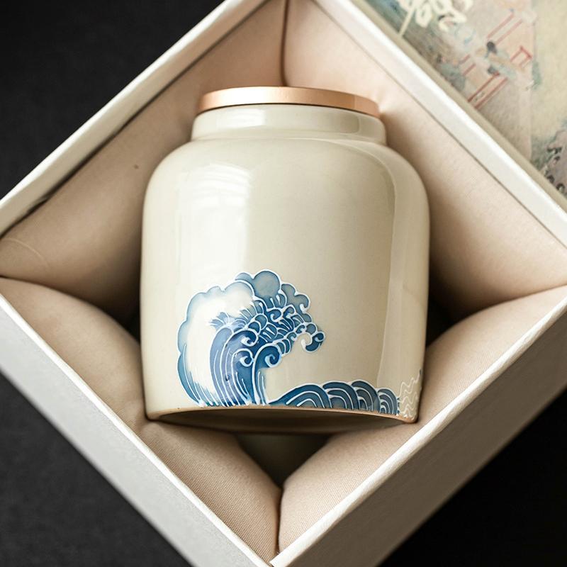 Chậu trà sóng biển xếp chồng, bình đựng đồ, bình kín gia dụng, hộp đựng trà chống ẩm kiểu Trung Quốc mới, bình trà thanh lịch