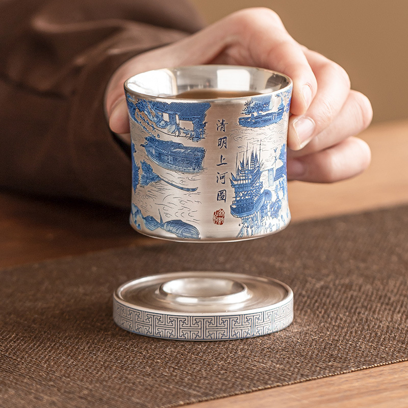 Cốc chủ nhân mạ bạc 999, cốc quay Qingming Shanghetu, bộ trà sang trọng nhẹ, cốc trà Kung Fu gia dụng, quà tặng tay