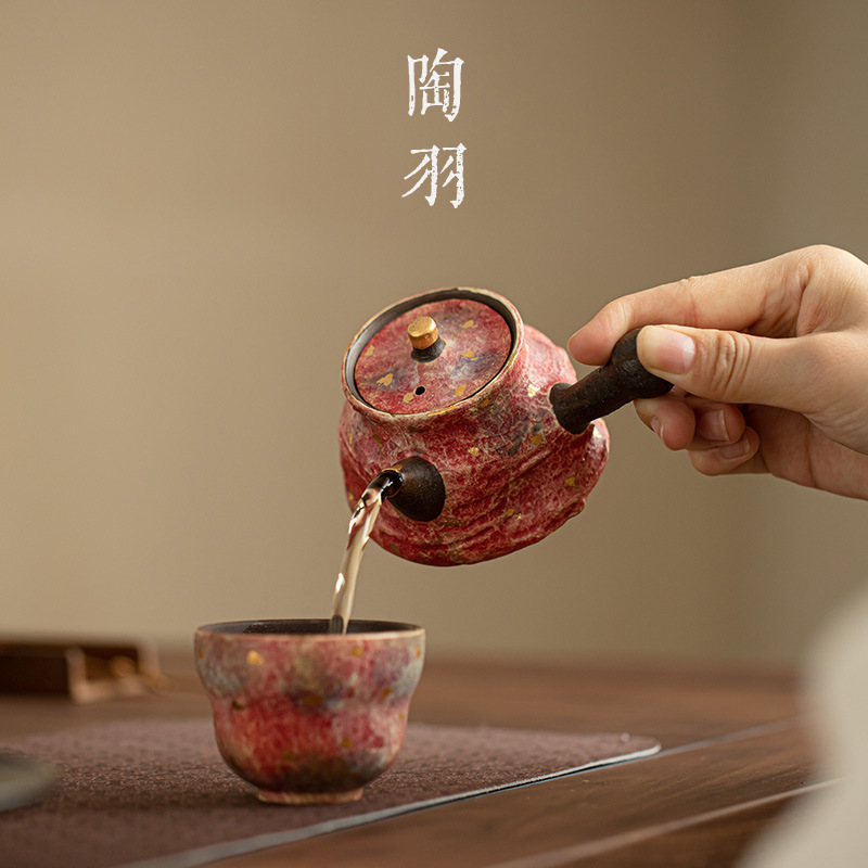 Ấm tay cầm bên đỏ sặc sỡ gốm đá mỏ ấm gốm Trung Quốc cổ điển bộ trà Kung Fu một người Shiye ấm pha trà gia dụng