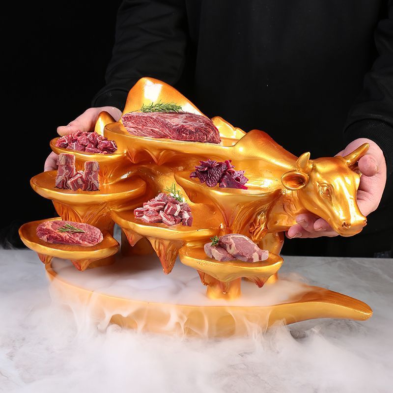 Bộ đồ ăn đá khô sáng tạo nhựa cây, lẩu hình con bò, quan niệm nghệ thuật, loại tiệc thịt bò đầy đủ vàng, món thịt bò Chaoshan đặc trưng, món nướng