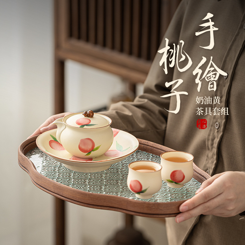 Bộ ấm trà màu vàng kem đào vẽ tay Bộ ấm trà gốm sứ gia dụng Bộ trà hộp quà bộ trà Kung Fu Trung Quốc