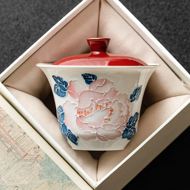 Bát hai nắp hoa mẫu đơn vẽ tay, bộ trà Kung Fu gốm sứ cao cấp, cốc trà gia dụng, bát trà không nóng đơn
