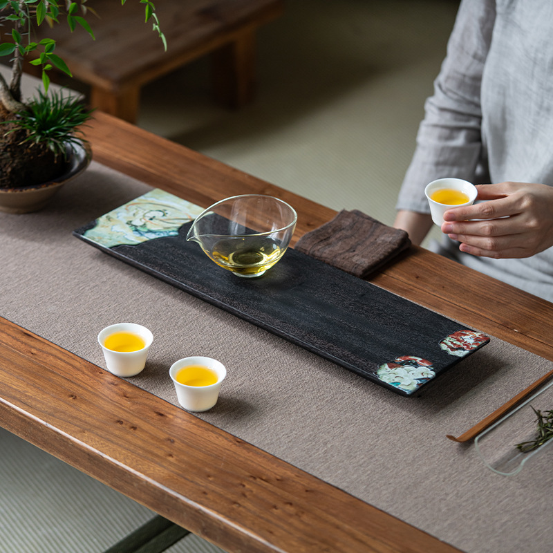 Bàn trà gỗ nhỏ bằng sắt rèn kiểu Nhật, khay trà pha khô bằng gỗ sáp trắng, khay đựng trà bằng gỗ nguyên tấm, Khay đựng ấm