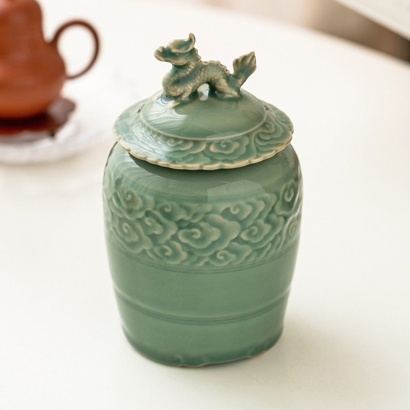 Bình đựng trà cổ kiểu Trung Quốc men ngọc Yue Kiln, bình đựng trà gốm sứ gia dụng, bình chống ẩm, xách tay