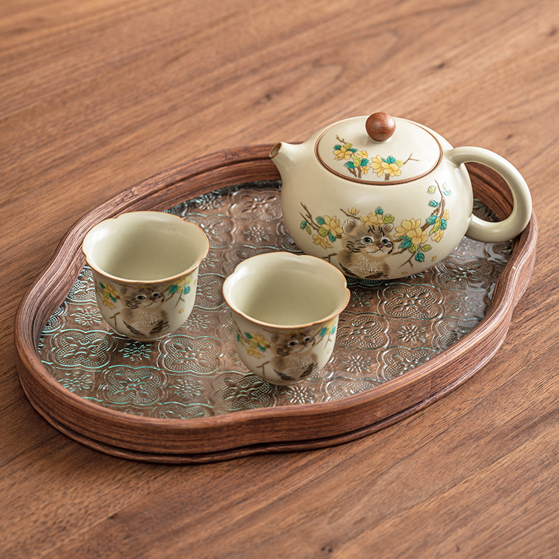 Ru Kiln Yellow Flower Mengmao Xi Shi Ấm trà gia dụng Bộ trà Kung Fu gốm sứ có thể mở một bộ hai cốc