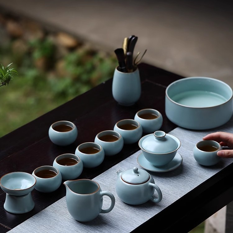Bộ ấm trà Kung Fu Tianqing Ru Kiln Bộ ấm chén trà có nắp bằng gốm Sứ gia dụng Bộ trà Bộ mở có thể nâng đỡ quà tặng sang trọng nhẹ nhàng