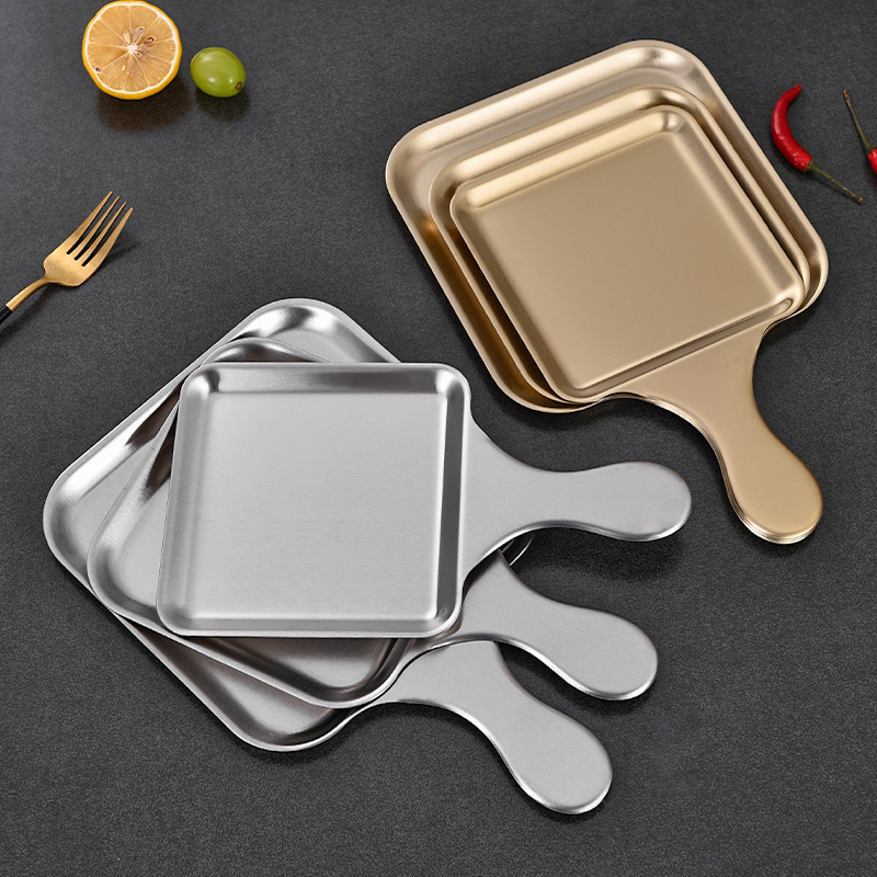 Đĩa vuông Inox 304 có tay cầm đựng bít tết - gà rán - topping lẩu, decor cho nhà hàng PBCP33V