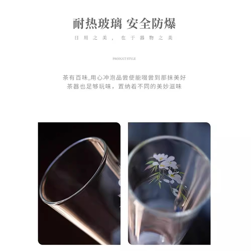 Cốc Trà Hoa Mộc Lan chân cao cốc thủy tinh chịu nhiệt cao gia dụng cốc chủ nhân chống bỏng cốc trà cao cấp Trung Quốc thủ công