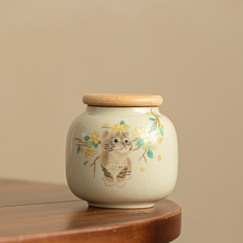 Bình đựng trà mèo hoa màu vàng Ru Kiln, bình đựng trà bằng gốm cao cấp cầm tay mini Pu'er, bình đựng trà bằng gốm cao cấp cầm tay ngoài trời