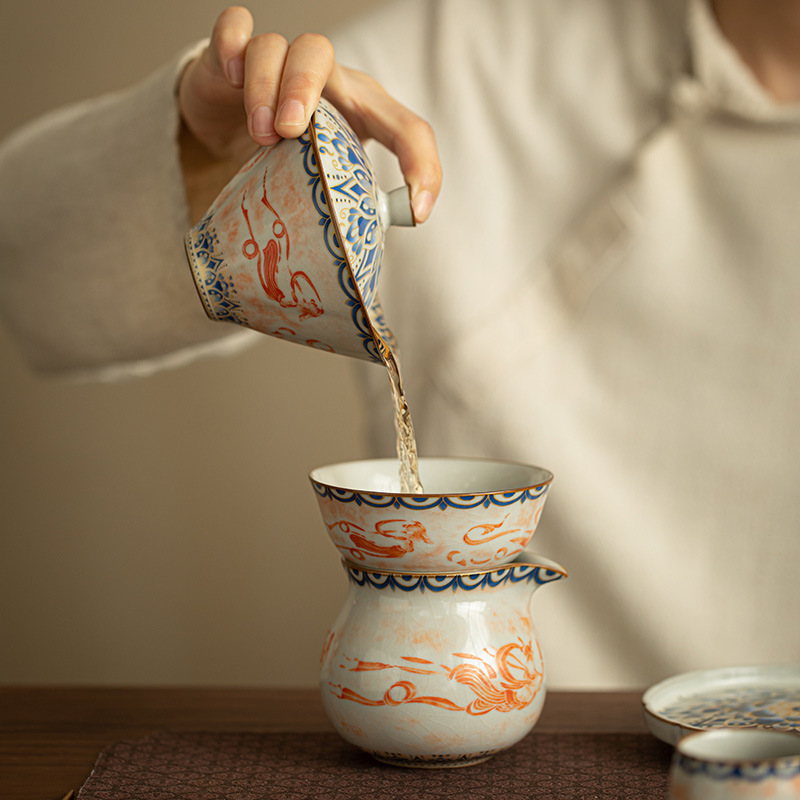 Ru Kiln Đôn Hoàng Feitian Nắp bát cốc trà Bộ đồ trà gốm sứ thủy triều phong cách pha trà bát sản phẩm cốc trà hộp quà công bằng