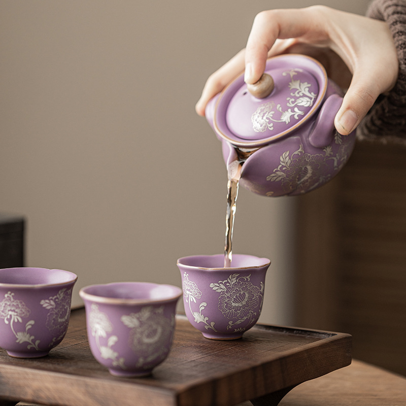Màu tím Ru mạ bạc hoa mẫu đơn quấn cành sen tách trà hoa miệng cốc trứng cốc gốm sứ cốc chủ nhân có thể giấu hoặc giữ cốc đơn hộp quà