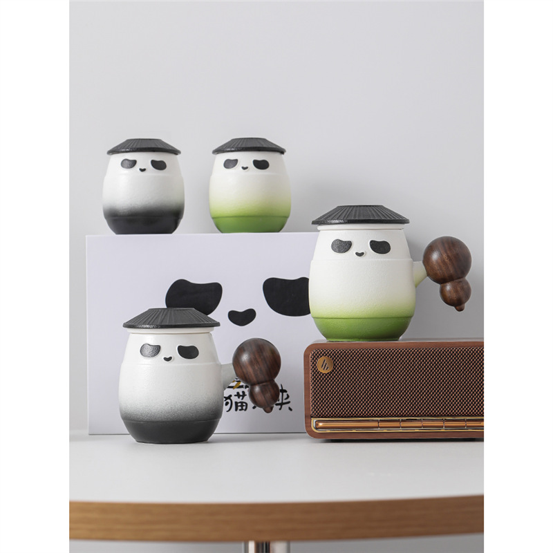 Cốc sứ gấu trúc cốc lọc cốc nước tách trà cá nhân văn phòng có nắp cốc pha trà logo