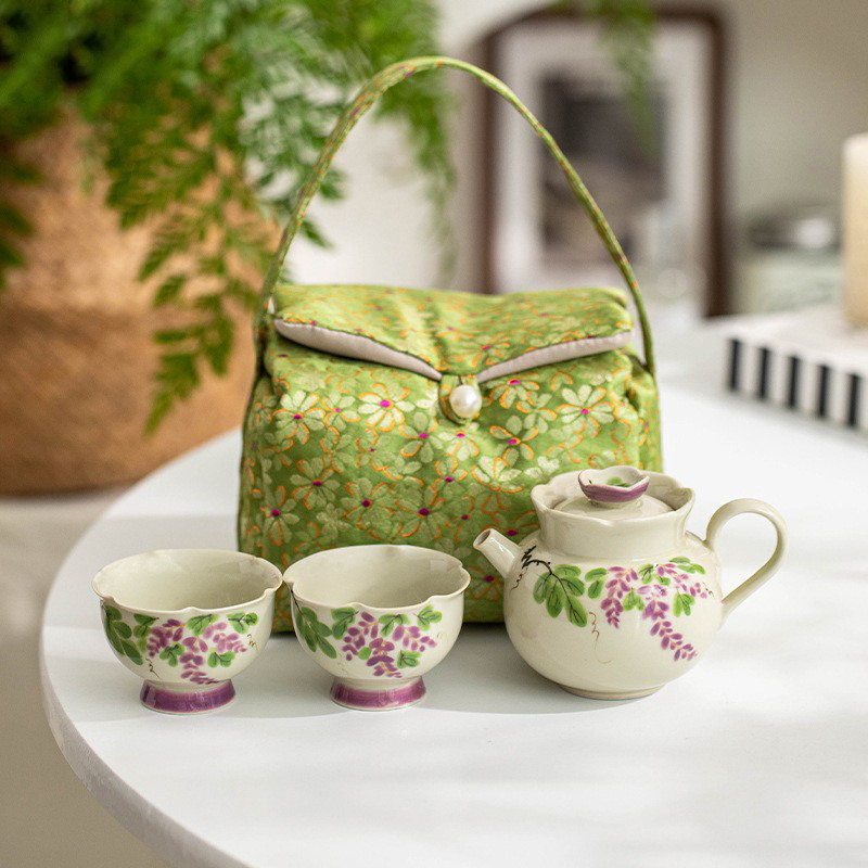 Bộ ấm trà Kung Fu nho vẽ tay bộ ấm trà gia dụng màu men xám thực vật bộ túi đựng đồ du lịch