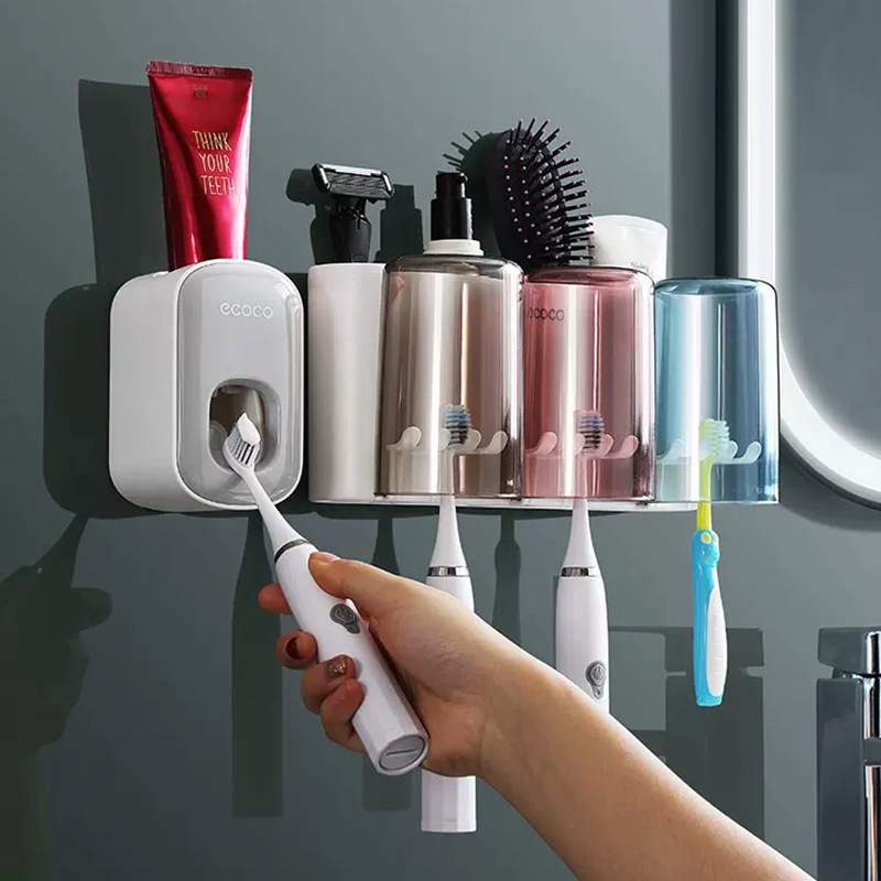Giá đựng bàn chải đánh răng treo tường, Giá Đựng Bàn Chải Đánh Răng không đục lỗ cho phòng tắm, cốc đựng bàn chải đánh răng trong suốt, Bộ Cốc đựng bàn chải đánh răng