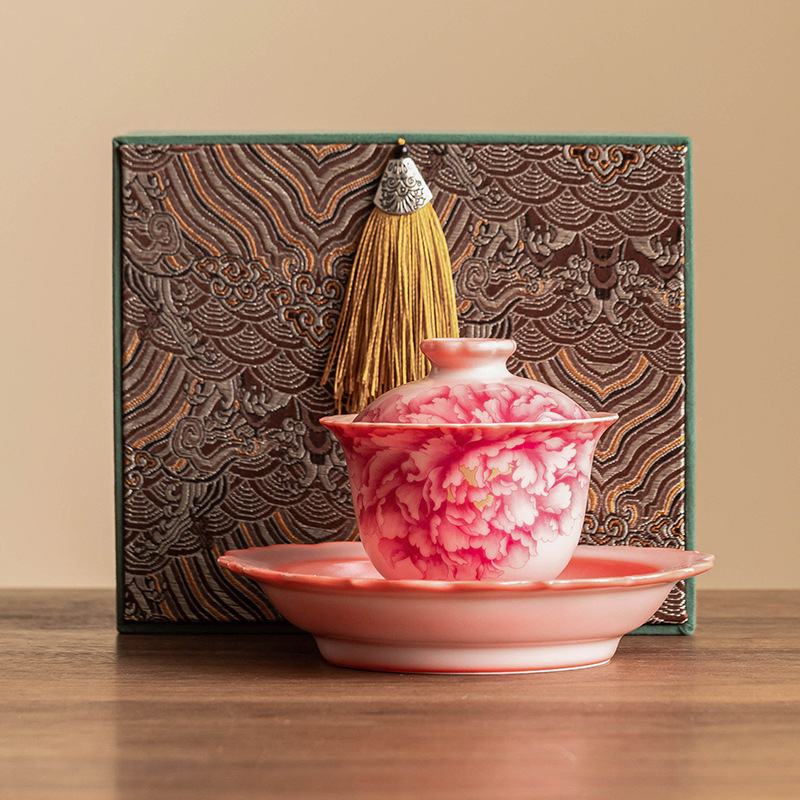 Cốc trà có nắp Sancai màu đỏ quốc gia bát trà hoa mẫu đơn pha trà bộ trà gia dụng văn phòng giá trị cao cho nữ