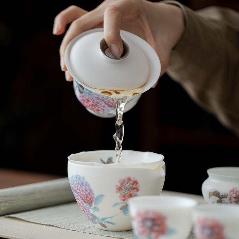 Bộ ấm trà bằng sứ ngọc bích bằng đá bào thai mỏng Dujingshanfang Hộp quà cốc pha trà bát hoa cẩm tú cầu vẽ tay cao cấp sang trọng nhẹ