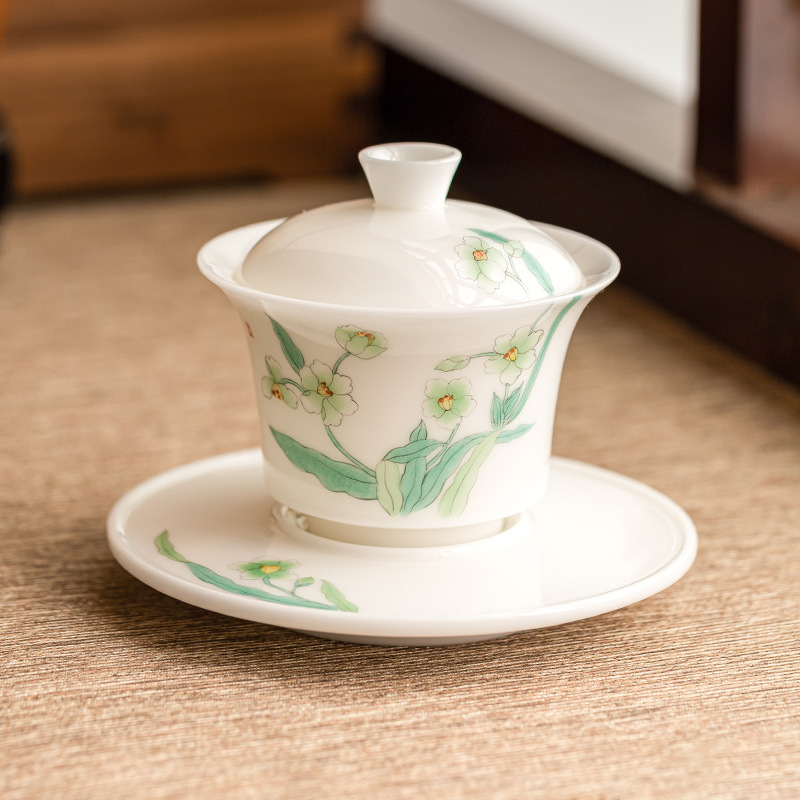 Nhà máy Master Zhang Lijiao, ngọc cừu nướng chay, bát sứ ba tài năng, bộ trà, bát pha trà cao cấp, bát trà vẽ tay có nắp