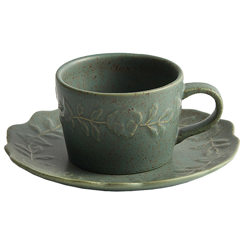 Bộ cốc và đĩa cà phê chạm nổi gốm sứ cốc ăn sáng phong cách retro tinh tế cao cấp cốc sữa cốc uống trà chiều