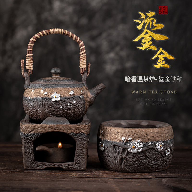 Bộ ấm trà tráng men mạ vàng kiểu Nhật dụng cụ ấm trà cổ điển thủ công Bộ Ấm Trà Công Phu gốm sứ đế sưởi nến