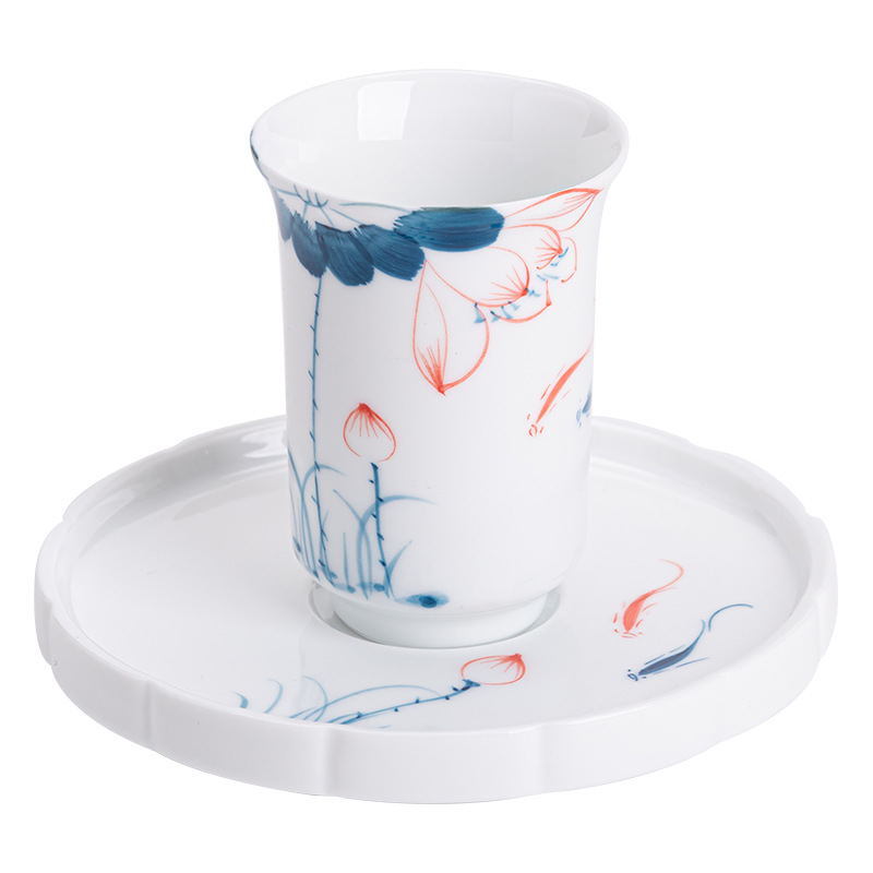 Cốc sứ trắng hoa sen vẽ tay, cốc trà, Cốc thơm, cốc trà nhỏ công phu gốm sứ Wenzhu, cốc đơn màu xanh và trắng, cốc chủ nhân