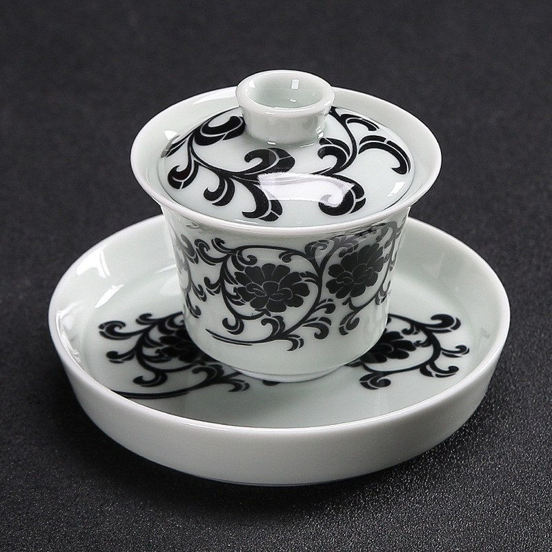 Phong cách xu hướng quốc gia thiết kế hoa sen dây leo Nanshan Yunpo Dingyao bát có nắp thơ ca và thư pháp màu xanh và trắng, cốc thủ công nguyên chất, bát trà chống bỏng.