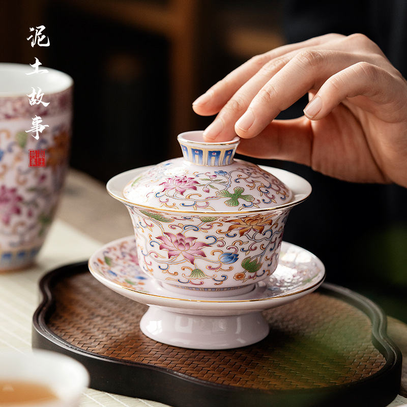 Bát tráng men vàng thủ công, bát có nắp ba tài bằng gốm sứ Jingdezhen, bát pha trà vẽ tay, bộ trà Kung Fu cỡ lớn