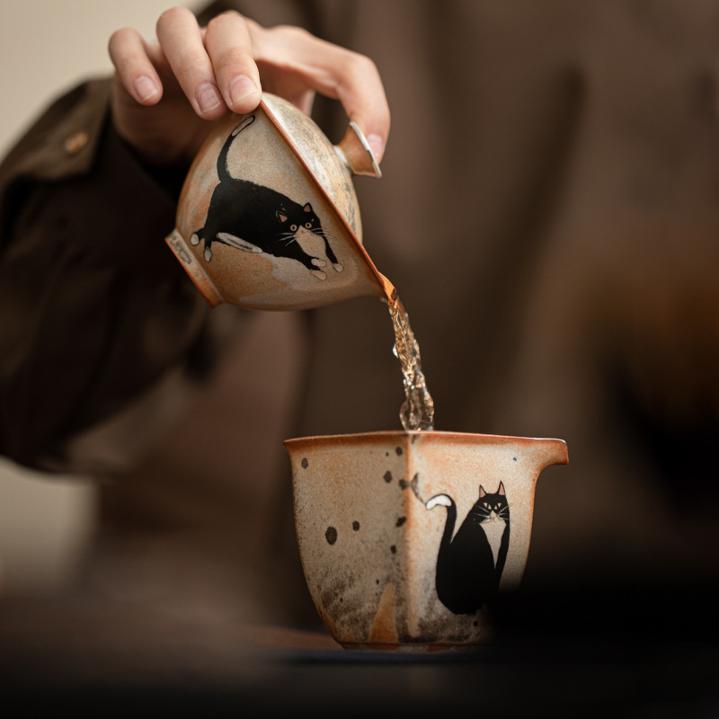 Zhiye Cat Chang Huai Có Nắp Bát Lò nung thủ công kiểu Nhật Bản Biến Gốm Sứ Cổ Điển Thứ hai Bát có Nắp Bát trà đơn nhỏ Tách trà