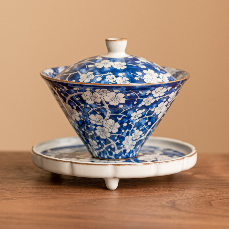 Giả Song Ru lò màu xanh băng hoa mận mũ có Nắp bát trà Bộ trà cao cấp có nắp Bát Trà Tam Tài Bát lớn