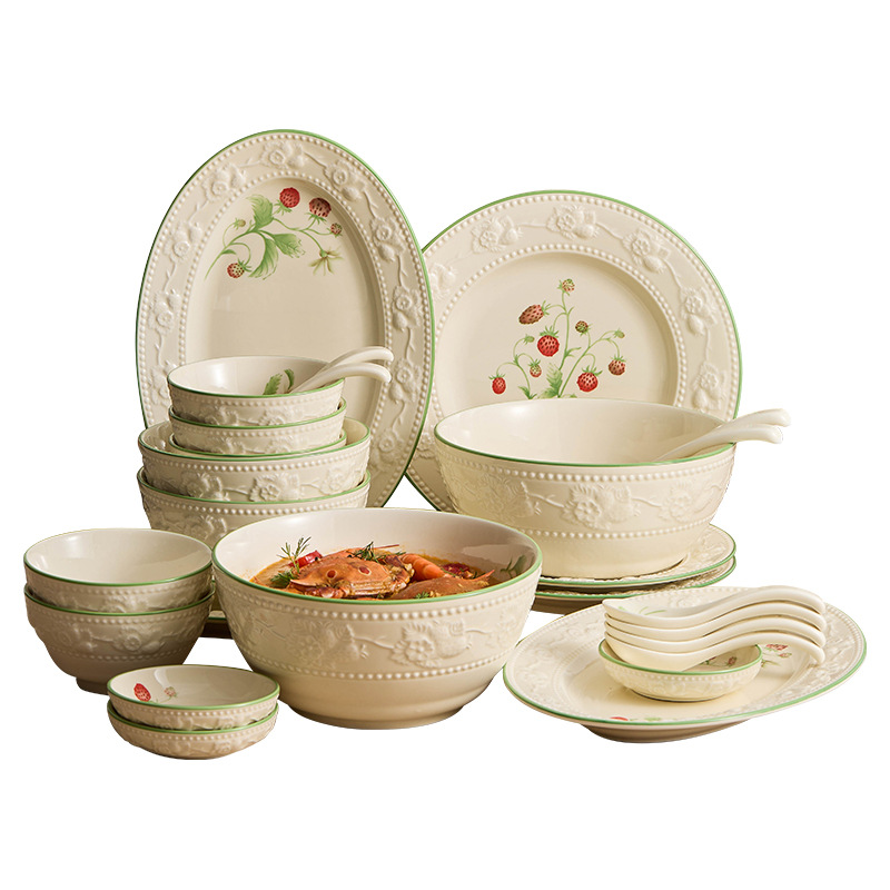 Đĩa gốm sứ dâu tây nổi, đĩa gia dụng, bộ đồ ăn tráng men màu, bát cơm, bát phở, bát đặc biệt đẹp