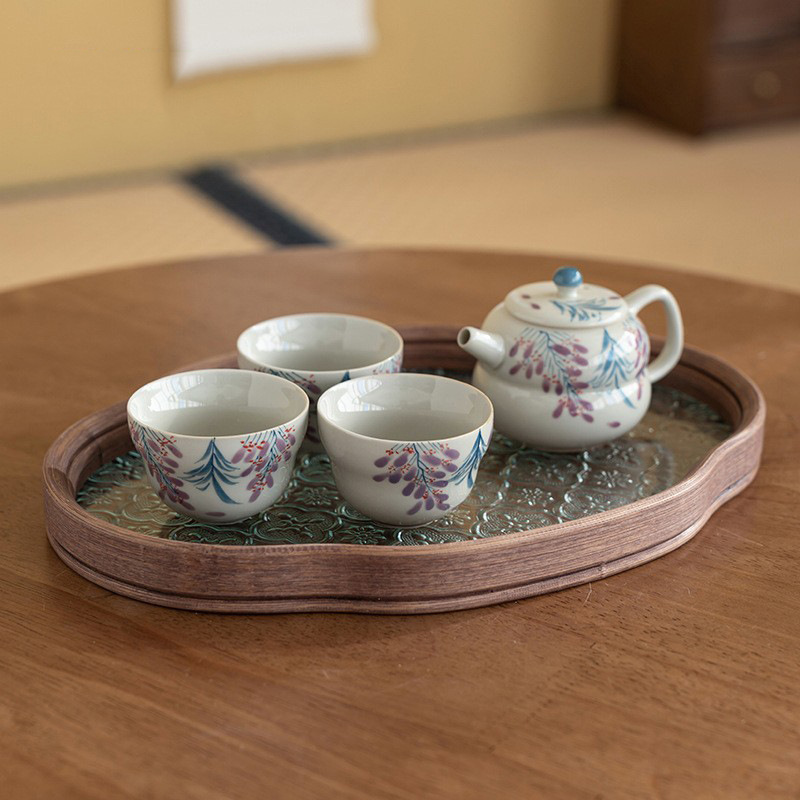 Ấm trà hoa tử đằng vẽ tay xám thực vật, một ấm hai ba tách, bộ ấm trà, bộ ấm trà, bộ ấm trà, bộ ấm trà, bộ ấm trà Kung Fu